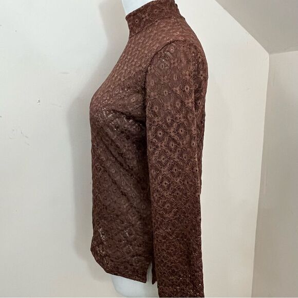 Manuela Semi Sheer Brown Lace/ Crochet Mock Neck Long Sleeve Top S - Picture 2 of 10